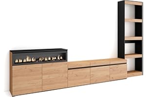 Skraut Home | Muebles de Salón para TV | Conjunto de Muebles Comedor | 310x186x35cm | para TV hasta 65" | Chimenea eléctrica | Estilo Moderno | Roble y Negro