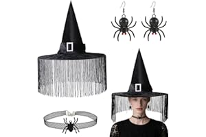 PAPU Schwarzer Hexenhut mit Gothic Zubehör Set - Halloween Hexenhut Damen mit Spinnenanhänger Halskette Ohrringe Hexen Hut Frauen Witch Hat Kostümzubehör Hexen Accessoires Erwachsene für Fasching Party