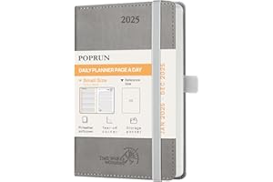POPRUN Agenda 2025 Giornaliera Piccola, 16 x 10,5 cm, Copertina Morbida, Daily Planner 2025 Tascabile con Portapenne Autoadesivo e Nastro Segnalibro, Carta Spessa da 70 GSM EU, Grigio