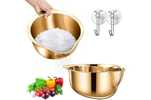 Dechoga 2 Pcs Rice Washing Bowl, Golden Fruit Vegetable Wash Strainer Bowl Rice Cleaner Strainer Rice Cleaner Strainer Bacon Grease Rice Washer Strainer Bowl Rinser Strainer Container for Kitchen¡­