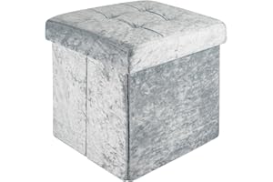 Intirilife Asiento taburete plegable 30x30x30 cm en terciopelo azul-gris - Asiento cubo con tapa y espacio de almacenamiento de tela con huecos -Asiento cubo reposapiés plegable caja de almacenamiento