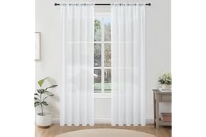 Topfinel 2 Panneaux Rideau Passant Tringle 140x240cm Voilage Blanc Transparent en Effet Lin Décoration d'intérieur de Fenêtre de Salon Chambre Cuisine et Sam