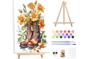GHHKUD Kit per pittura con i numeri, per adulti, kit fai da te per bambini o principianti, con tela incorniciata e cavalletto in legno, fiori paesaggi, disegno, pittura artistica e artigianato per la