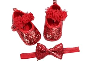 YILEEGOO Baby Girls Sequin Glitter Shoes Soft Sole Prewalker Mary Jane Princess Party Dress Crib Shoes with Bowknot Headband