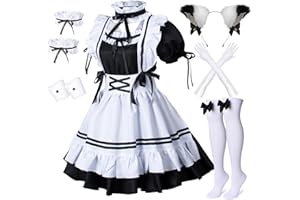 WANNSEE Anime French Maid Lolita Fancy Queen Princess Dress Cosplay Costume Furry Cat Ear Gloves Socks set
