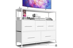 Adoture Dresser with Charging Station, Chest of Drawers for Bedroom with 5 Fabric Bins, TV Stand with Open Storage Shelf, TV Table with 4 Castors for Living Room, Hallway (White)