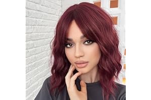 WOKESTAR Bob Lockige Perücke mit Fransen, Kurze Synthetische Gewellte Perücken für Frauen Wein Rote Farbe