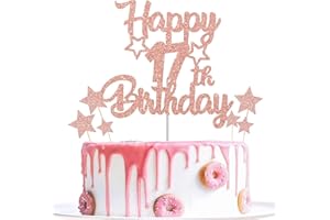 Gidobo 17th Birthday Cake Toppers, Rose Gold Glittery Cake Decorations with Stars, Seventeen Years Old Birthday Party Supplies for Girls