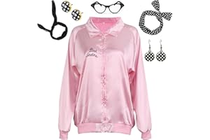 ATOWORLD Pink Jacket for Ladies Adults 50s 1950s Fancy Dress Women with Accessories Scarf Headbands Earrings Glasses Pink Lady Jacket Grease Fancy Dress Costume Outfit for Women Halloween L
