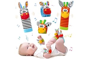 HIGHLUC 4PCS Chaussette Hochet Bébé, Animal Hochet Pied Main Bebe, Bébé Poignet et Chaussettes Hochet Développement Sensoriel Jouet Education Jouets d'éveil pour 0-12 Mois Garçons Filles