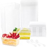 Mispudin 50 Pieces Dessert Cups, 160 ml Rectangular Plastic Dessert Cups with Lids and Spoons, Reusable Transparent Snack Cup