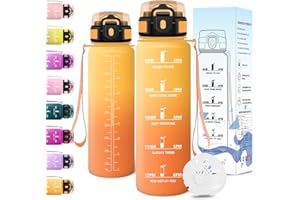 Motswedi Trinkflasche 1l, BPA-Frei, Trinkflasche Sport, Kohlensäure Geeignet, Wasserflasche 1l, Mit Zeitmarkierung, Sportflasche, Trinkflaschen für Camping, Fahrrad, Fitness - Bernstein&Orange