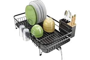SAYZH Égouttoir à Vaisselle, Extensible (32,5 cm à 54,6 cm) Egouttoir à Vaisselle avec Porte-ustensiles Porte-gobelet, Egouttoir à Vaisselle en Acier Inoxydable pour Comptoir de Cuisine, Noir