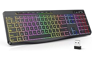 TECURS Teclado Gaming inalámbrico- Teclado QWERTY Silencioso, Ergonómico, Impermeable, 2.4Ghz LED Retroiluminado, Anti-Ghosting, Full-Size Avec Multimédia para PC/Ordenador/Mac/Windows