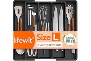 Lifewit Utensil Drawer Organiser, Expandable Large Cutlery Tray for Kitchen, Adjustable Silverware Flatware Holder, Plastic Kitchen Spatula Tools and Gadgets Storage Divider, Large, Black