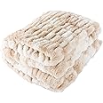 Oversized Ruched Faux Fur Blanket - 60x80-Inch Jacquard Faux Fur Queen-Size Throw for Sofas and Beds - Luxurious Bedding by Lavish Home (Cream)