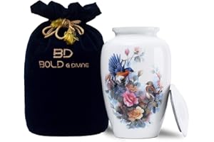 BOLD & DIVINE White Birds Printed Cremation Urn | Large | 200 Cubic Inches | For Human Ashes Adult Memorial, Burial, Funeral Cremation Urn with Unique Velvet Bag