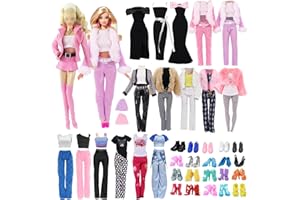 CARREUTY 18 Pcs Doll Clothes Compatible with Barbie 11.5 Inch Girl Doll, Fashion Doll Outfit with 1 Leather Jacket 1 Leather Skirt 4 Straps 1 Long Skirt 2 Coats 3 Long Trousers 1 Hat 5 Shoes, Random Style