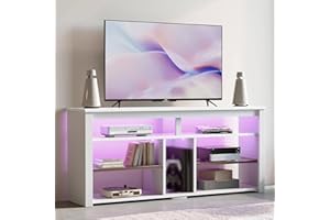 Bestier Mobile TV alto per TV da 65", mobile porta TV con contenitore PS5, console TV LED con ripiano regolabile per soggiorno, fibra di carbonio bianca