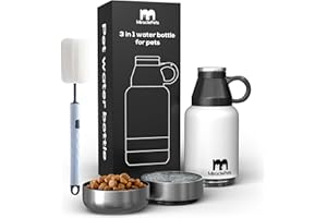 Miracle Pets Botella de Agua para Perros - Bebedero Perro Portatil y Comedero - Botella Termica 1 Litro -Cantimplora Acero Inoxidable Agarre Fácil Doble Aislamiento sin BPA (Blanco) Cepillo Limpieza