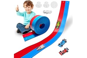 PRTNEG Flexible Race Track Toys for Kids 15 Ft with 4 Cars & Suction Cups, Portable Double Lane Racetrack Compatible with Hot Wheels & 1/64 Diecast Cars, Fun Car Ramp Track Set (Blue + Red, 15 Ft)