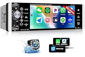 Bezprzewodowe radio samochodowe Carplay CAMECHO 1 DIN z zestawem głośnomówiącym Bluetooth, z ekranem o przekątnej 5,1", bezprzewodowe, Android Auto Mirror Link FM/AM/RDS i USB + kontroler na