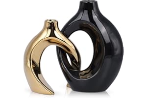 XIAOMAGG Set Di 2 Vasi In Ceramica, Arredamento Moderno Bohémien, Matrimonio, Tavolo Da Pranzo, Banchetto, Soggiorno, Ufficio, Camera Da Letto, Bagno, Davanzale，Vaso decorativo (Nero + Oro)