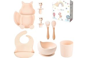 TudoBem Set Pappa Svezzamento [8 Pezzi] – Piatto con Ventosa, Ciotola Antiscivolo, Cucchiaio Silicone, Posate, Bicchiere, Bavaglino – Kit Silicone per Autosvezzamento Neonati e Bambini