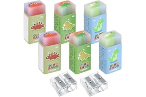 ANBEEISS 6 Pz Gomme da Cancellare per Bambini, Gomme da Cancellare Rettangolari, Carine Gomme per Regali Studenti Cancelleria, Forniture Ufficio, con 100 Graffette, 2 Temperamatite - Dinosauro