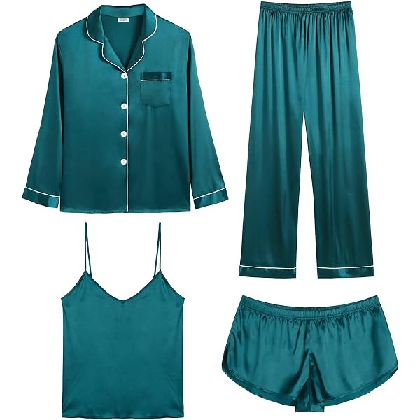 SWOMOG Women's Silk Satin Pajamas Set - Short Sleeve Button Down Top & Shorts Loungewear
