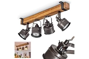 hofstein Pehefito Ceiling Light, Vintage Design Metal/Wood Ceiling Light in Black/Brown, Retro Light with Wooden Beams and Adjustable spotlights, 4-Flame, 4 x GU10 Socket, Bulbs not Included