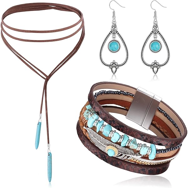 Lot De 3 Bijoux Occidentaux Pour Femme - Ensemble Bohème Turquoise - Pendentif Long Ras Du Cou - Boucles D'oreilles Pendantes Vintage Turquoise - Bracelets Superposés En Similicuir Turquoise