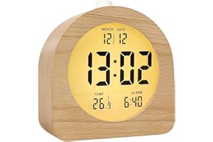 muenfly Wecker Digital Holz, Uhr mit Temperaturanzeige LED Tischuhr Batteriebetriebe Alarm Clock Snooze für Schlafzimmer, Büro (3×AAA-Batterie erforderlich)