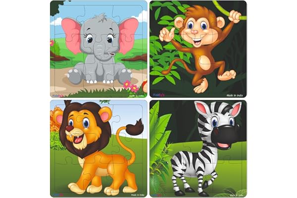 Fiddlys Wooden Jigsaw Puzzles for Kids & Children 9 Pieces Each, Pack of 4 Double Layered Front & Back Print Educational Toy for Boys & Girls Age 2 3 4 5 6 Year Old (Pack of 4 Animal)
