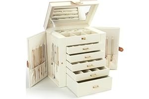 KAMIER Pudełko na biżuterię dla kobiet, 6-warstwowe, duże, organizer na biżuterię, pudełko z lustrem i 5 szufladami na pierścionki, kolczyki, naszyjniki, bransoletki, białe