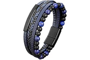 Mochity Bracelet Cuir Homme, 21 cm Bracelet Homme Marron Noir Bleu, Bracelet Acier Homme, Bracelet Tressé Homme Perle, Bijoux Cadeau Homme, Bracelets Cuir Perle Pour Papa Homme