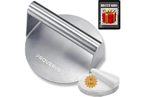 PROVERVEO Smash Burger de Acero Inoxidable + 40 Papeles antiadherentes + Recetario de Hamburguesas | Smash Burger Kit | Prensa Hamburguesas | Smasher Redonda | Burger Press