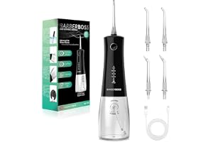 BarberBoss Batteridriven mundusch, munsköljmaskin med 4 munstycken och 5 trycknivåer, professionell tand- och tandköttsrengöring, 340 ml vattentank och IPX8 vattentät, QR-7105
