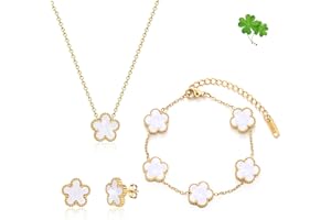 FUNIO Kleeblatt Schmuck Set für Damen - 18 Karat Gold Link Armband Armreif Glücksarmband Halskette Ohrringe Schmuck Geschenk für Damen