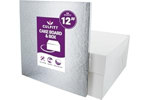 Culpitt 12" Square Silver Cake Drum Board & White Cake Box Combo, 12 Inch Box and Matching Board Set For Cake Transport