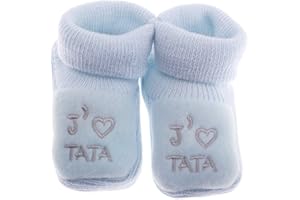 Fruit de ma passion Chaussons bébé brodés J'aime Tata + coeur FDMP, 0/3mois couleur au choix (Bleu/gris)