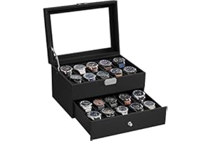 SONGMICS Watch Box, Watch Case with Glass Lid, 2-Tier Watch Display Case, Lockable, 1 Drawer, for Rings, Bracelets, Gift Idea, Black Synthetic Leather, Black Lining JWB020B01