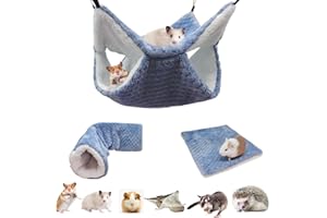bebeibon Kleintierbett 3 Stück, Stockbett Zuckergleiter Hängematte, Kleintiere Käfig Zubehör Bettwäsche Weiche und Warme Tunnel mit Haken für Chinchilla, Hamster, Eichhörnchen, Igel Blau