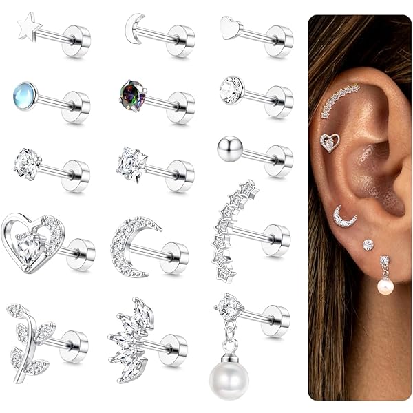 Set 9 Orecchini Cartilagine 16G Per Donna - Tragus, Helix, Conch In Acciaio Inox Con CZ