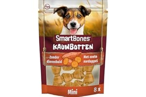 SmartBones Mini à la Patate Douce – 8 Mini Os à Mâcher Sans Peau d'Origine Animale pour Chien Adulte de Petite Taille - Très Faible teneur en Matières Grasses - Enrichi en Vitamines et en Minéraux