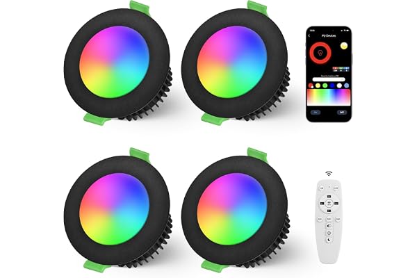 YindaLux Infälld LED-spotlight Bluetooth RGB 5 W 230 V, paket med 4 LED-strålkastare varm/vit och kall/vit färg 2 700 K–6500 K, dimbar, app-kontroll och fjärrkontroll, borrhål 65–80 mm IP44
