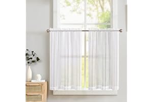 TOPICK Zazdrostki, białe z koronką, przezroczyste, koronkowe, bistro, do kuchni, z efektem łańcuszkowym, półprzezroczyste, przepuszczające światło, do salonu, na małe okna, zestaw 2 sztuk, 63 x 60 cm