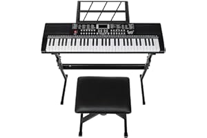 Bonnlo GEP-110 Clavier à 61 Touches avec Support de Piano, Banc de Piano, Haut-Parleurs Intégrés, Casque, Microphone, Repose-Partition, écran LED, Piano Numérique 3 Modes d'Enseignement pour Débutants