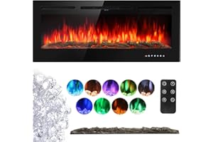 INMOZATA Electric Fire Wall Mounted Recessed Insert 40 50 60 inch Electric Fireplace with Touch Remote Control 9 LED Color Flame Effect Electric Fire Heater, Crystal and Log Set