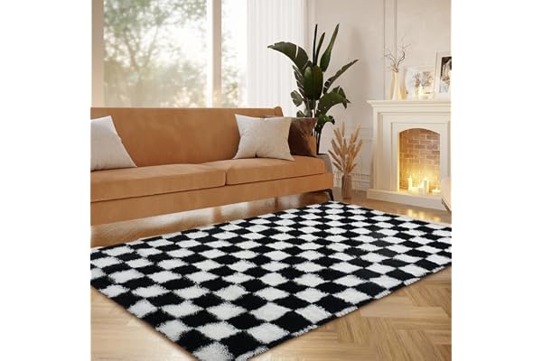 Rutig lång lugg, vardagsrumsmattor, modern mysig, 140 x 200 cm, tvättbar upp till 30 grader, supermjuk pälsoptik, halkfri undersida, mattor för sovrum barnrum